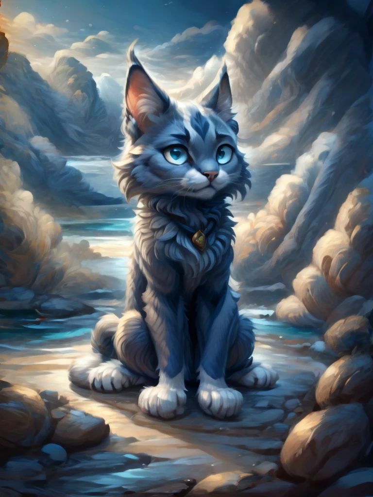 A cat from a fantasy world with navy blue fur, sitting looking at the landscape