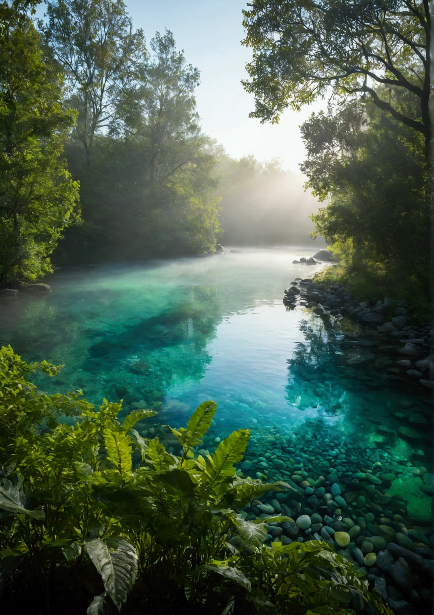 Sunlight shining through foggy leaves has a Tyndall effect，Behind is a green pond，The water is full，Water is flowing，The water is clear and you can see many small pebbles，The water is turquoise，Makes people look cool，Very fresh and natural，Emerald green, clear gray tone,The Rule of Thirds，Maximum resolution，All the details can be seen clearly，4K
