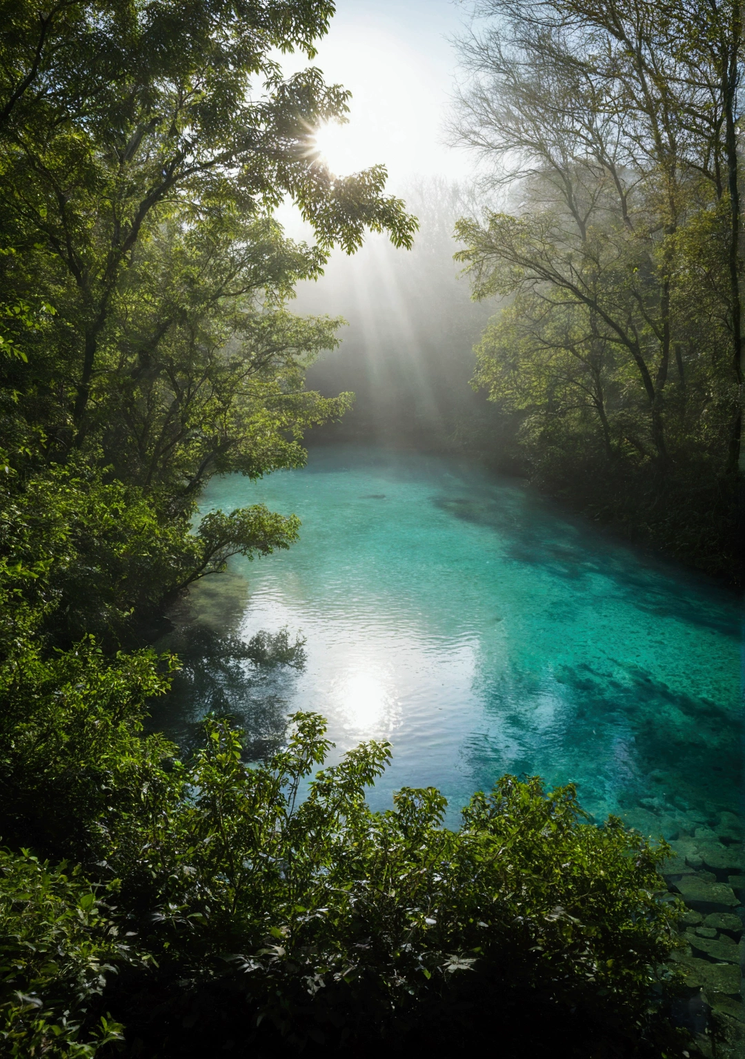 Sunlight shining through foggy leaves has a Tyndall effect,Behind is a green pond,The water is full,Water is flowing,The water is clear and you can see many small pebbles,The water is turquoise,Makes people look cool,Very fresh and natural,Emerald green, clear gray tone,The Rule of Thirds,Maximum resolution,All the details can be seen clearly,4K