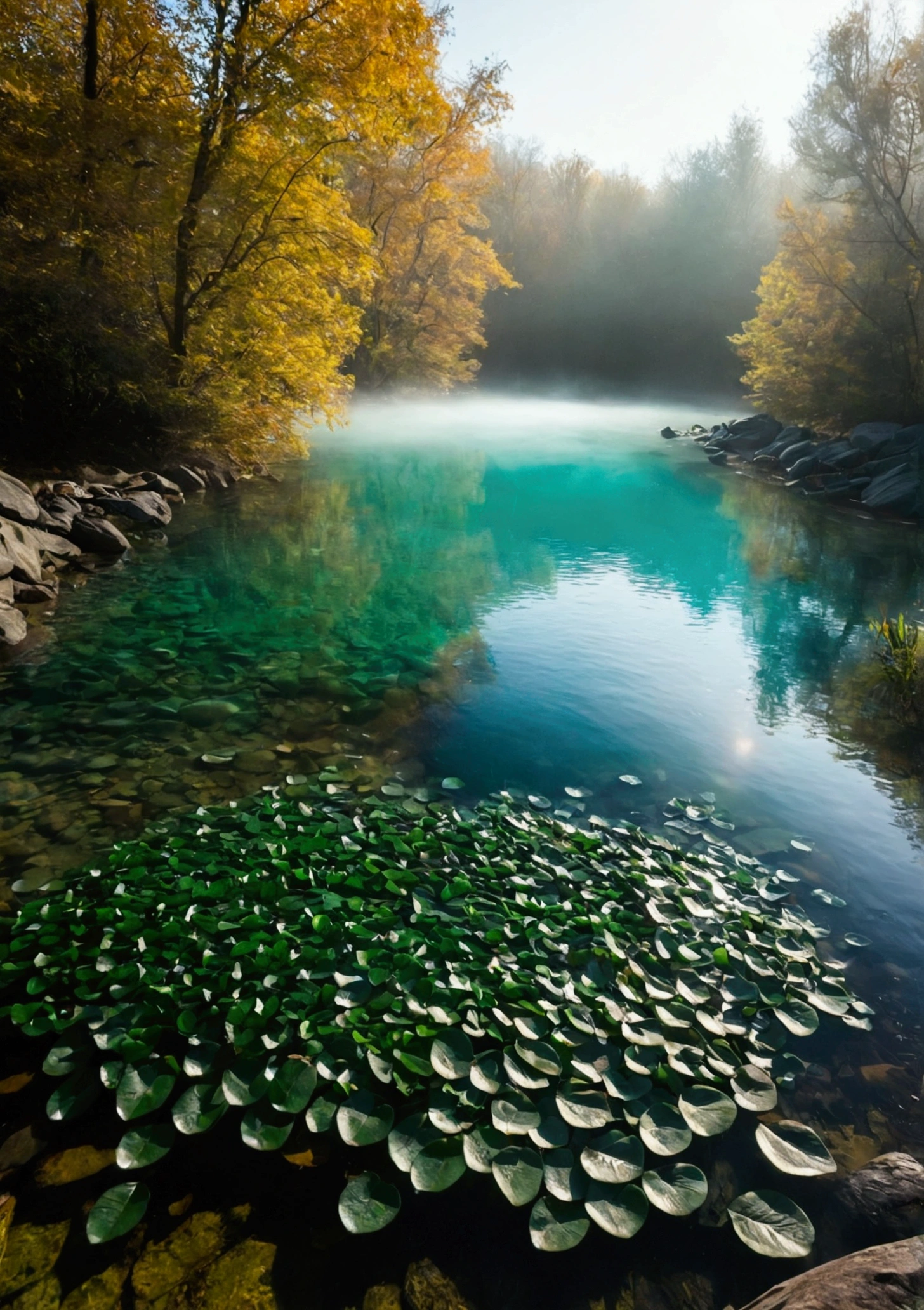 Sunlight shining through foggy leaves has a Tyndall effect,Behind is a green pond,The water is full,Water is flowing,The water is clear and you can see many small pebbles,The water is turquoise,Makes people look cool,Very fresh and natural,Emerald green, clear gray tone,The Rule of Thirds,Maximum resolution,All the details can be seen clearly,4K