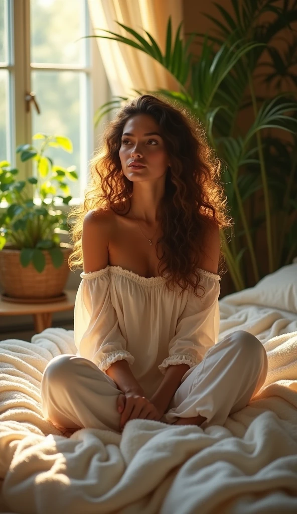 (photorealism:1.2), beautiful woman, sitting on bed, wearing loose off-shoulder top, pajama pants, long curly hair, indoors, soft lighting, plants in background, window with sunlight, cozy room, relaxed pose, realistic, intricate details, warm colors, by Greg Rutkowski, by Alphonse Mucha