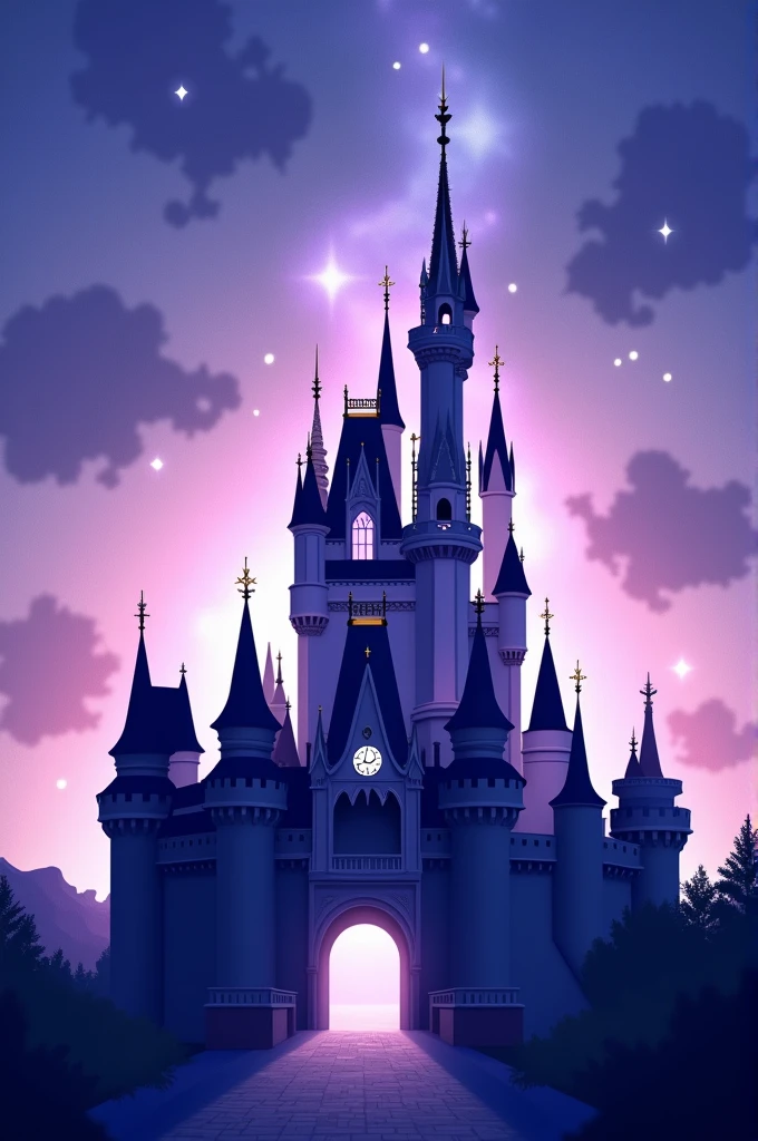 Make a book cover with the silhouette of a Disney-type castle with a purple-blue color palette