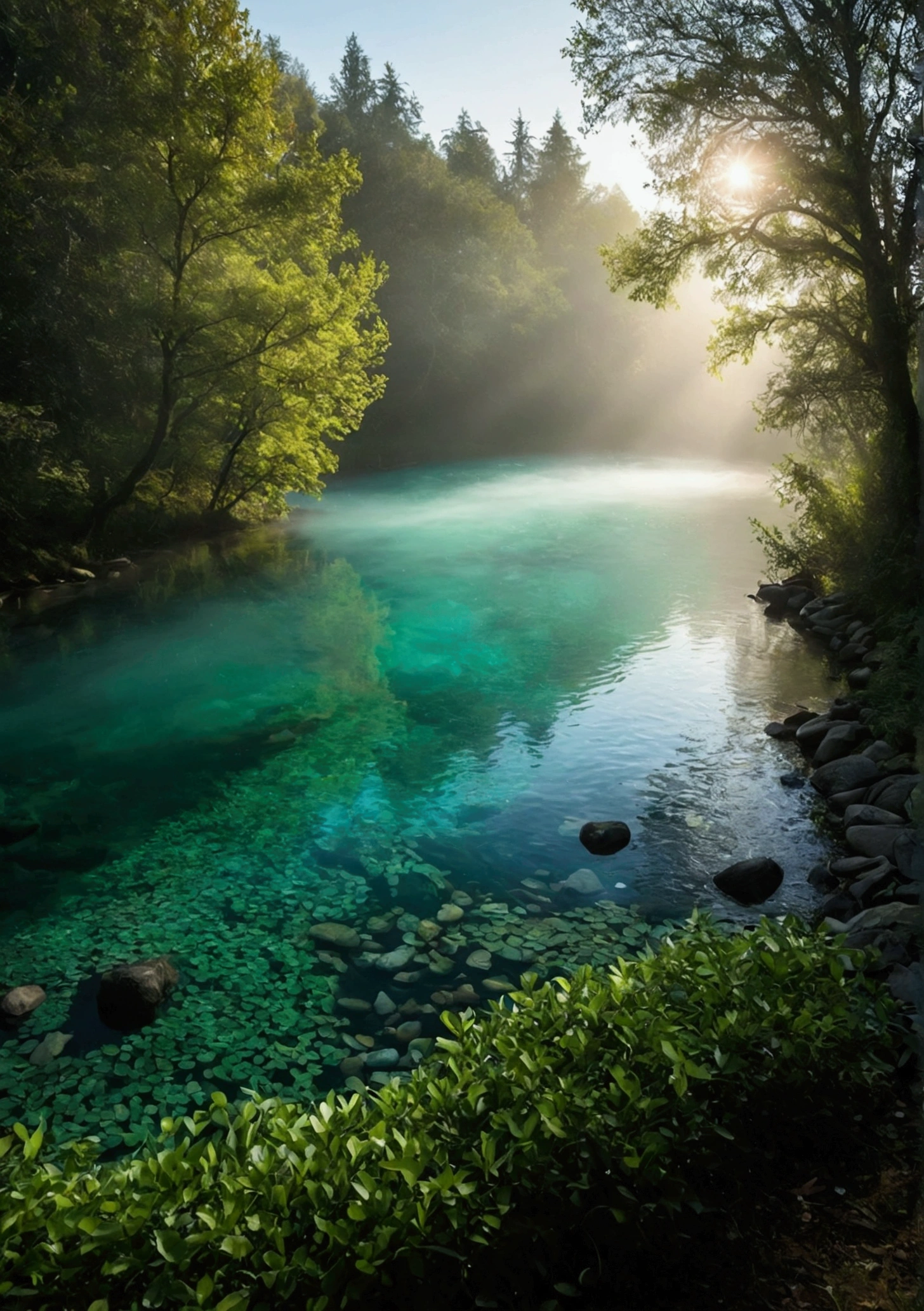 Sunlight shining through foggy leaves has a Tyndall effect,Behind is a green pond,The water is full,Water is flowing,The water is clear and you can see many small pebbles,The water is turquoise,Makes people look cool,Very fresh and natural,Emerald green, clear gray tone,The Rule of Thirds,Maximum resolution,All the details can be seen clearly,4K