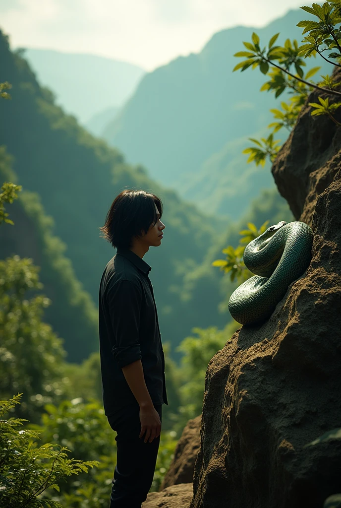 Northern Javanes mountains, big snake and siluet black shoulder-length haired man