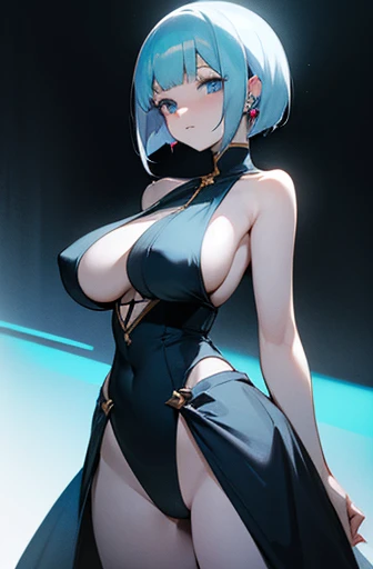 Anime, woman, long hair, hime-cut, short hair, pale blue hair, pale blue eyes, cool, earrings, big boob, sexy-cute, full-bodied, wearing a black costume, beautiful, elegant, pure, fantasy,