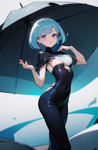 Anime, woman, long hair, hime-cut, short hair, pale blue hair, pale blue eyes, cool, earrings, big boob, sexy-cute, full-bodied, wearing a black costume, beautiful, elegant, pure, fantasy,