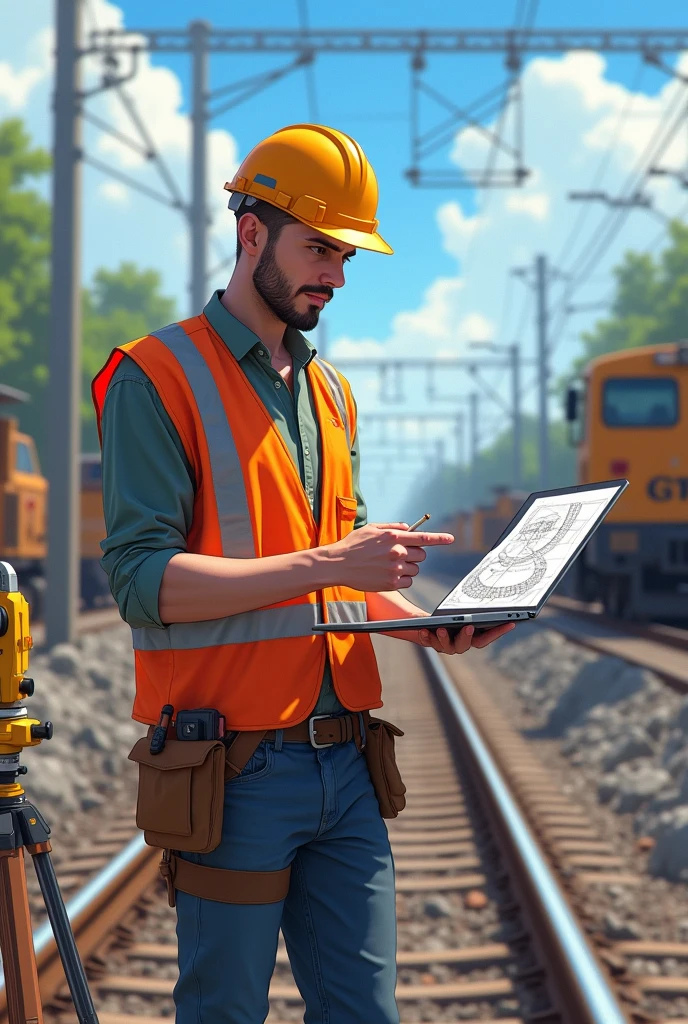 Total station and autocad drawings computer anime image railway work holding cigarettes
