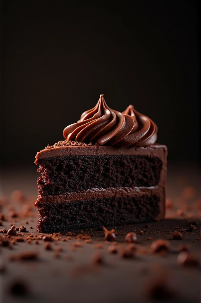 cinematic film still chocolate, chocolate cake, dark background, quality photo, moist texture, frosting, studio photo, slice . shallow depth of field, vignette, highly detailed, high budget, bokeh, cinemascope, moody, epic, gorgeous, film grain, grainy