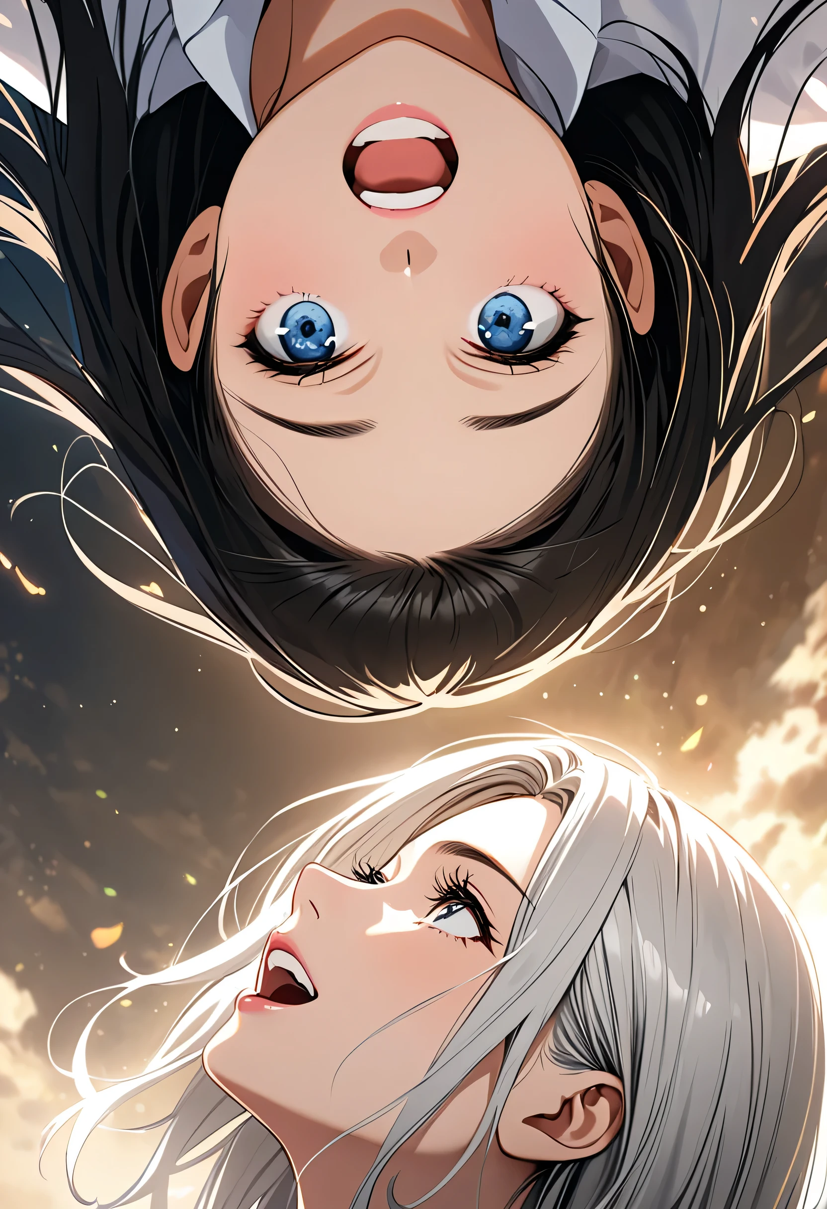 Upward angle, beautiful woman, romantic movie poster for women, neat woman with long black hair and pop woman with short white hair、masterpiece、Highest quality、Excited、Self-weight、Expressing victory、Detailed Description、Beautiful Face、Beautiful Eyes