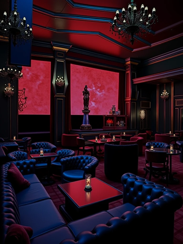 there is a room with tables and chairs and a projector screen, detailed an empty jazz cafe, ballroom background, random background scene, neo - noir setting, red room, nightclub, stage background, vip room, rich atmosphere, theatrical scenery, theater stage, empty stage, palatial scene, fancy restaurant, rich cinematic atmosphere, va-11 hall-a
