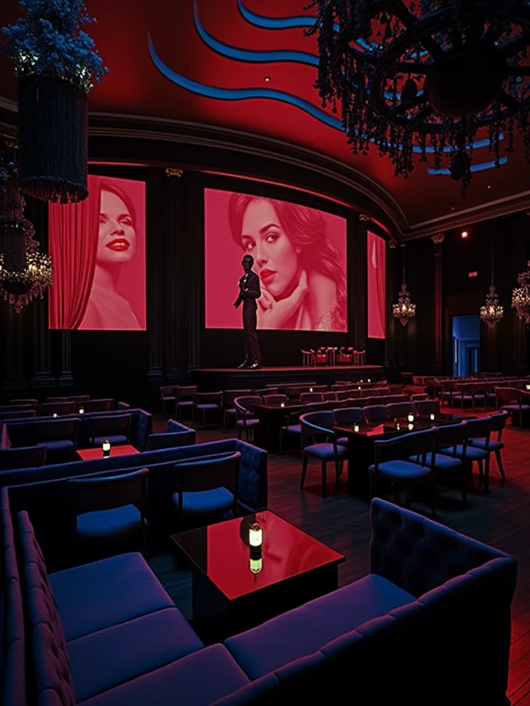 there is a room with tables and chairs and a projector screen, detailed an empty jazz cafe, ballroom background, random background scene, neo - noir setting, red room, nightclub, stage background, vip room, rich atmosphere, theatrical scenery, theater stage, empty stage, palatial scene, fancy restaurant, rich cinematic atmosphere, va-11 hall-a