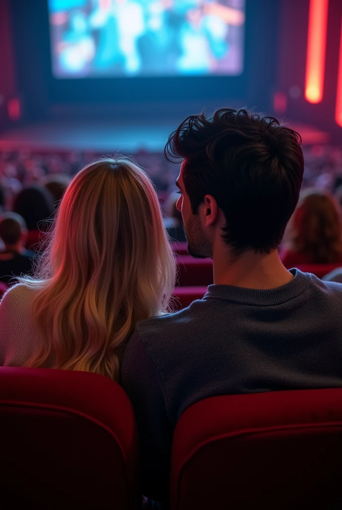 blonde girl with black haired man in cinema watching a movie (Let it not be noticed that there is love)