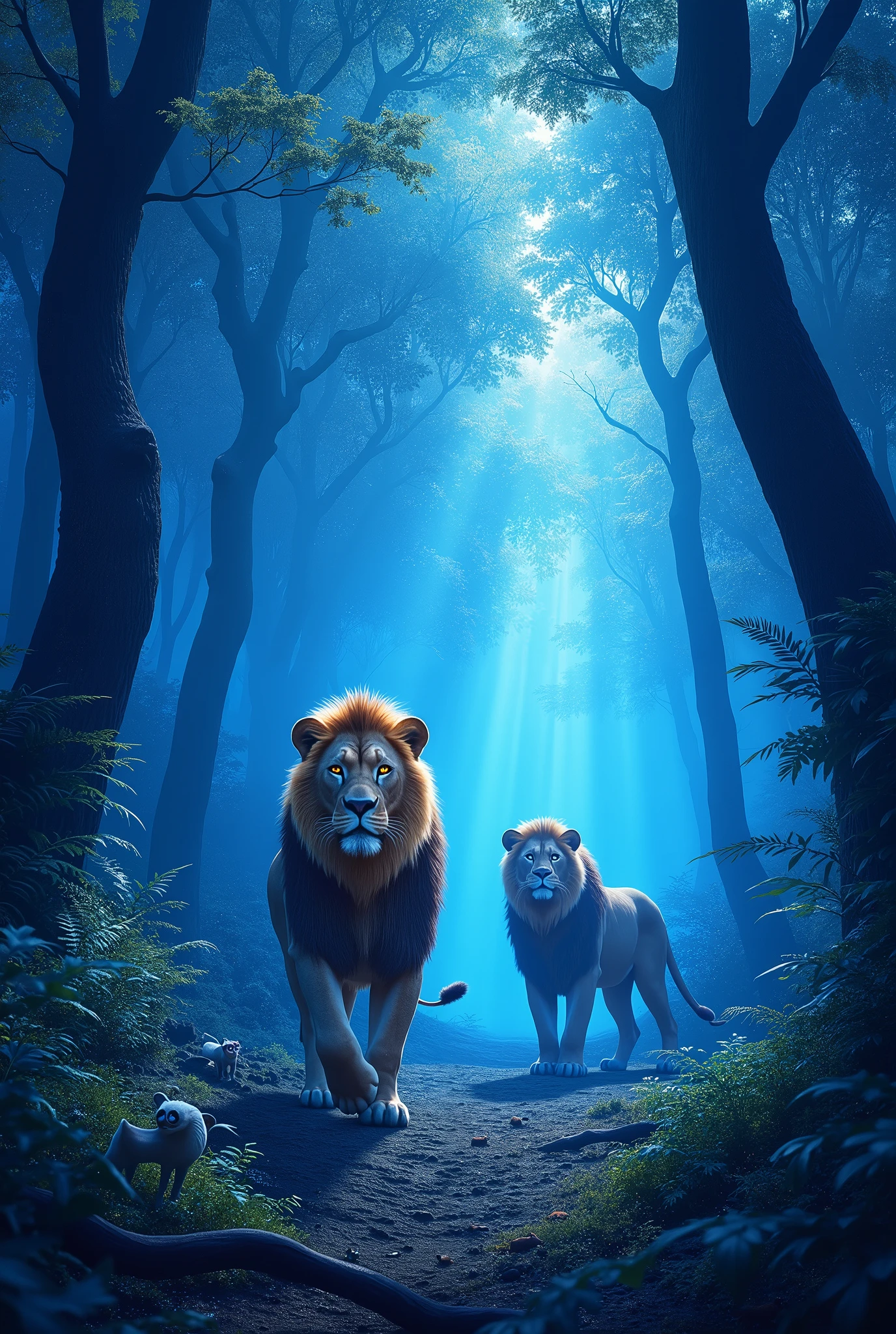 Create an image with an animal kingdom theme, Mostly lions in a kind of blue forest with lots of trees