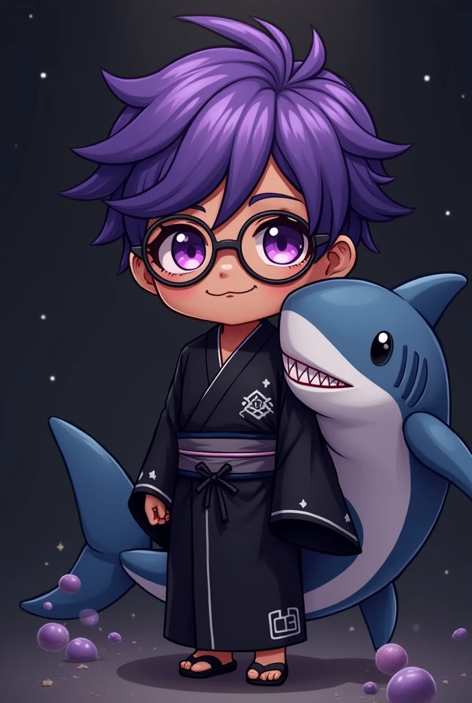 Cute Sticker Chibi boy short purple hair glasses black kimono straight hair dark background brown skin mature face purple eyes shark
