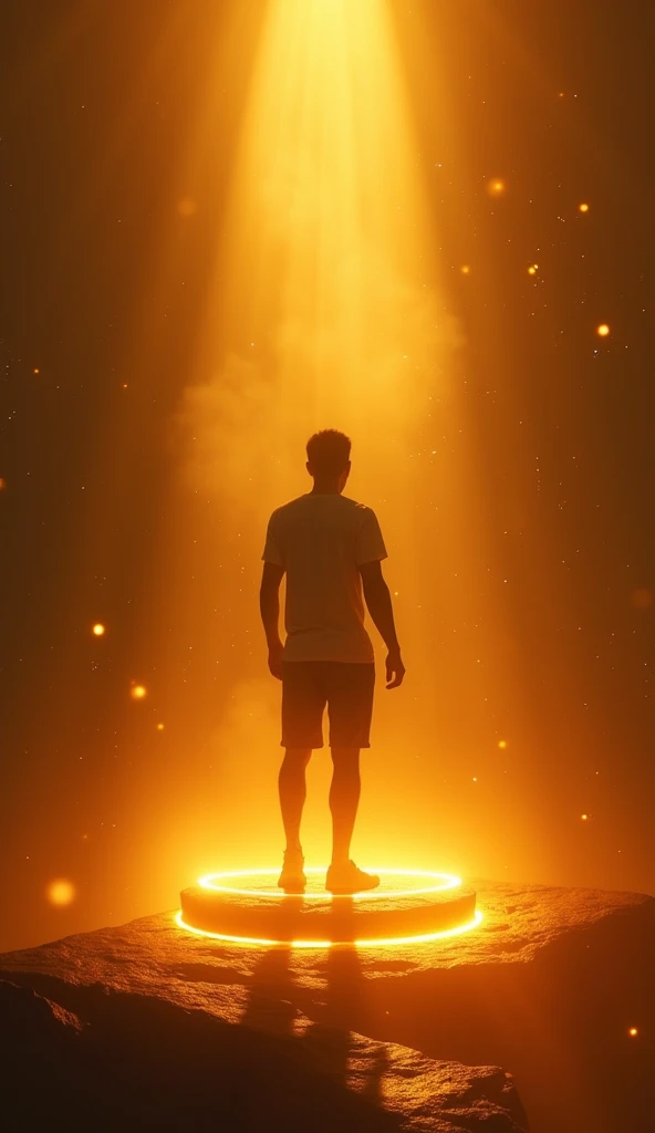 A person about to take the final step onto a glowing platform representing success. The platform is just one step away, and the atmosphere around it is filled with light and positivity.