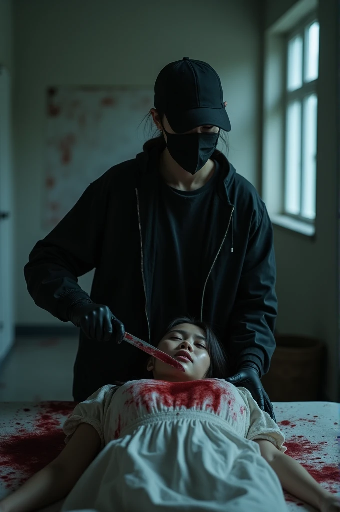 korean girl, (behind stiff, holding knife), stabbing, black surgical mask, black gloves, torture chamber, black raincoat, trucker hat, holding knife, black gloves, woman on top, behind cadaver, blood splatter, on the bed, looking at viewer, mass murderer, killer, low ponytail, blood splatter, dark atmosphere, cinematic lighting, atmospheric realistic, light from the window,
