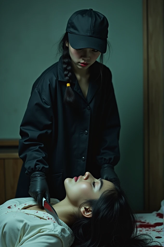 korean girl, (behind stiff, holding knife), stabbing, black surgical mask, black gloves, torture chamber, black raincoat, trucker hat, holding knife, black gloves, woman on top, behind cadaver, blood splatter, on the bed, looking at viewer, mass murderer, killer, low ponytail, blood splatter, dark atmosphere, cinematic lighting, atmospheric realistic, light from the window,