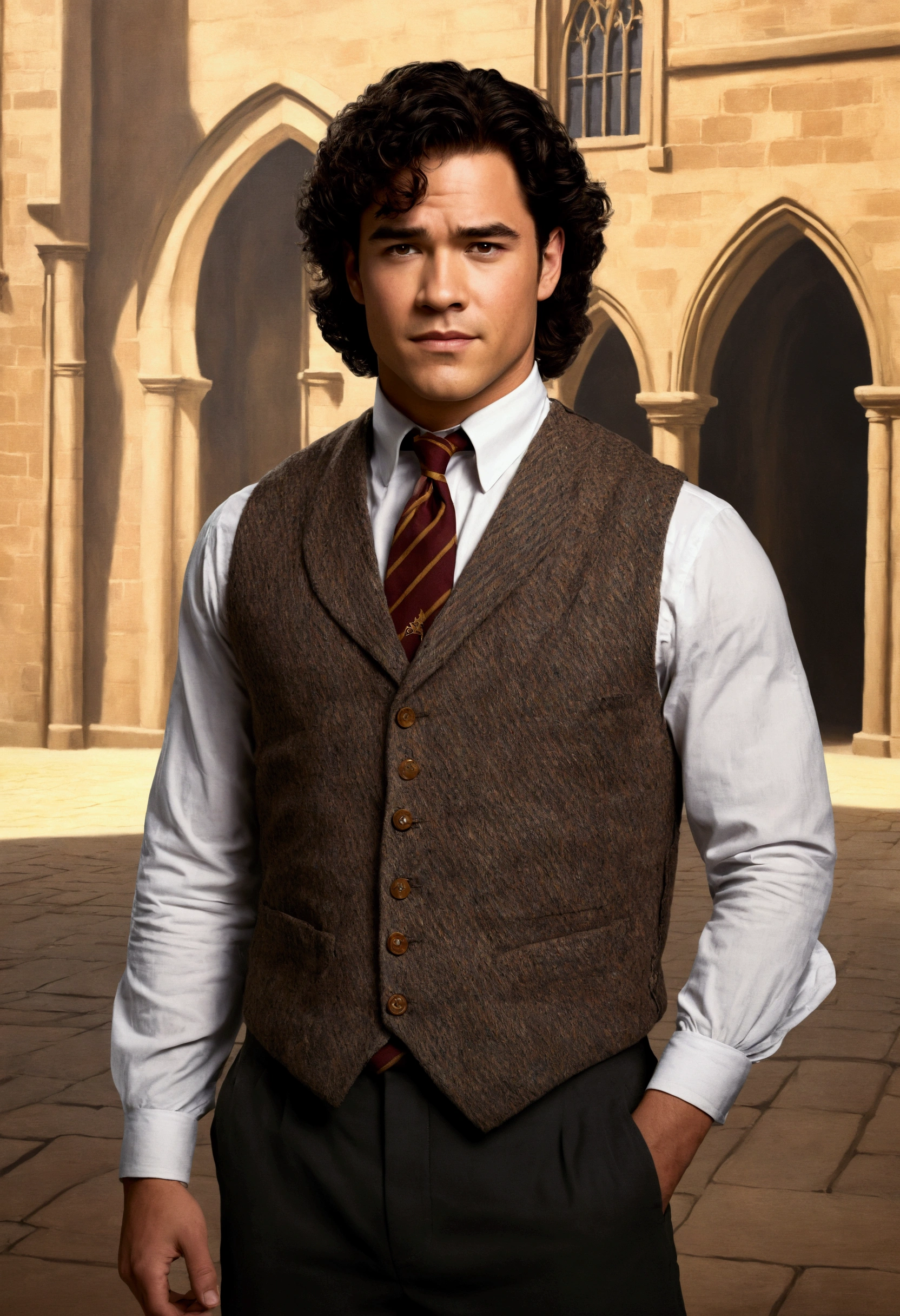 An illustrated movie poster, hand-drawn, full color, a Hogwarts Professor, 21 years old, male, brown eyes, brown-black hair, voluminous curly mane, suntan complexion, medium height, broad shoulders, stocky frame, muscular, rugged scruffy appearance, lots of body hair, resembles Dean Cain, wearing a tweed vest and slacks, standing in a Hogwarts courtyard, hard shadows, graphite shading, stencil marks, airbrushed acrylic paint, masterpiece, in the style of the Deathly Hallows