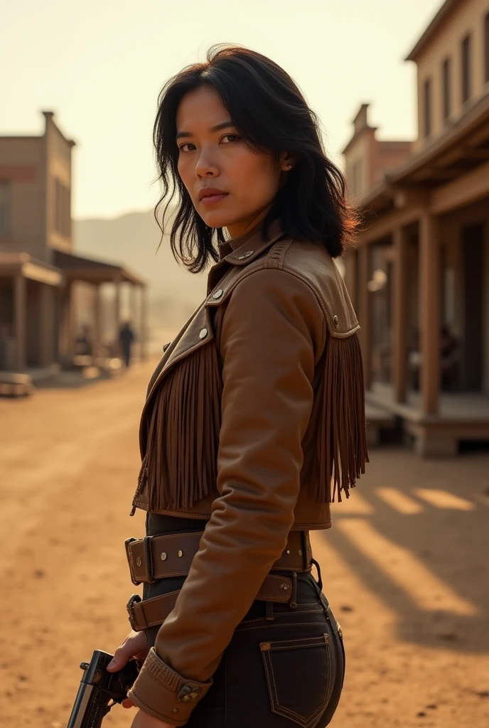 woman, 50 years old, small 1m50, shoulder-length black hair, western outfit, ready to shoot for the duel, western village from the 1895s, facing us