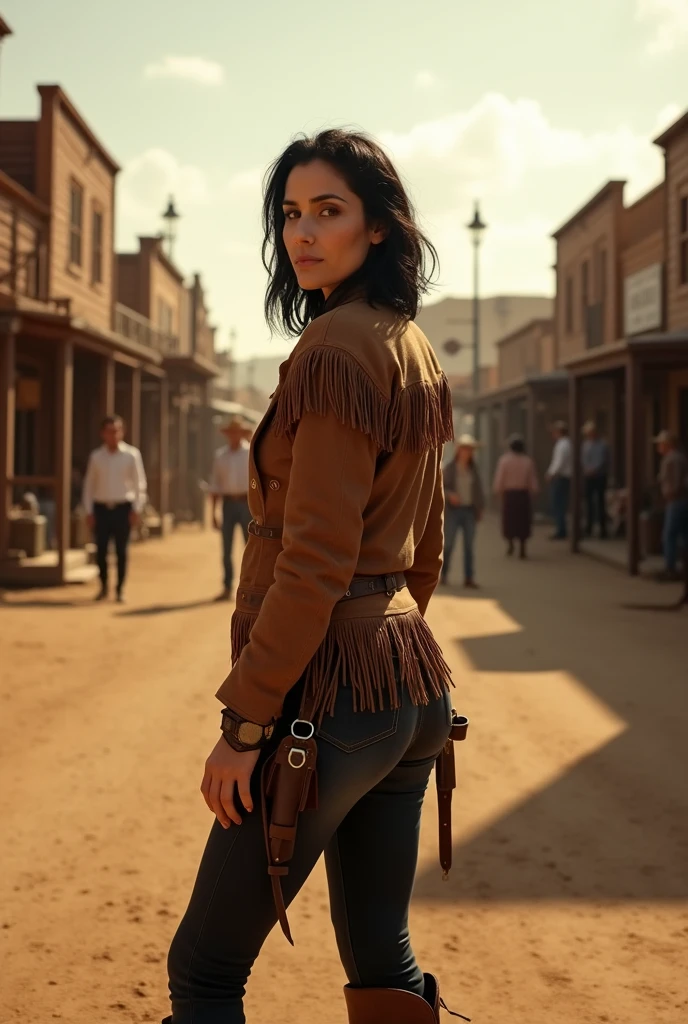 woman, 50 years old, small 1m50, shoulder-length black hair, western outfit, ready to shoot for the duel, western village from the 1895s, facing us