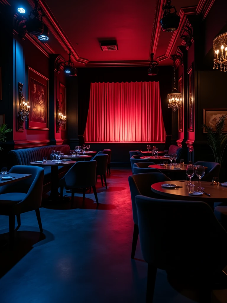 there is a room with tables and chairs and a projector screen, detailed an empty jazz cafe, ballroom background, random background scene, neo - noir setting, red room, nightclub, stage background, vip room, rich atmosphere, theatrical scenery, theater stage, empty stage, palatial scene, fancy restaurant, rich cinematic atmosphere, va-11 hall-a