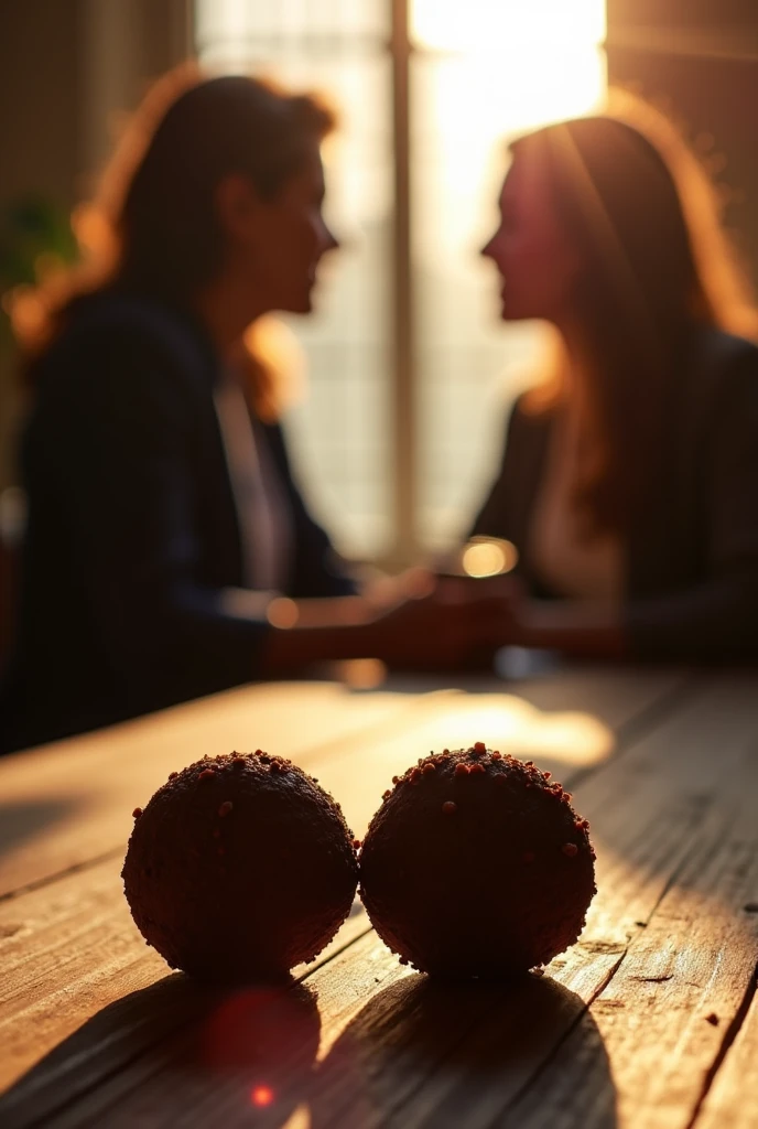 A gourmet and inviting brigadeiro setting with a close-up of two chocolate brigadeiros placed on a rustic wooden table. No fundo, softly focused silhouettes of people engaged in a warm conversation, creating a sense of connection and community. Soft sunlight coming through a window, casting a warm glow, symbolizing the warmth of open and honest communication." This image conveys a sense of camaraderie and the importance of meaningful dialogue., perfect for a video about divine communication skills.
INFO