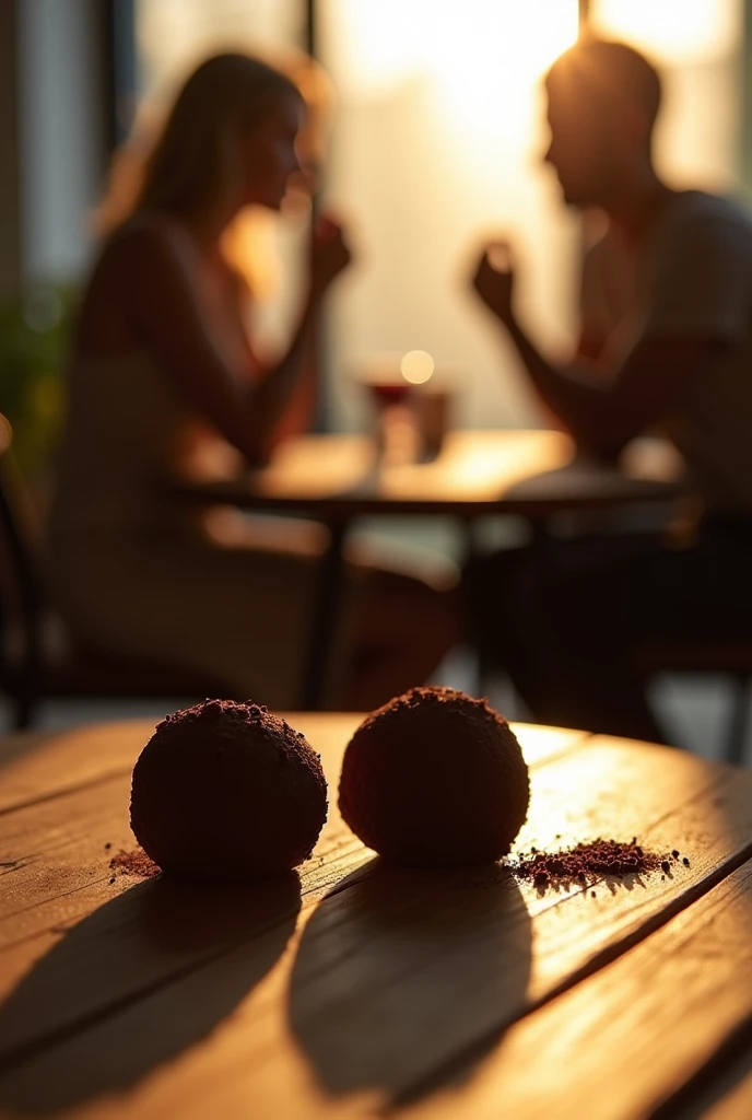 A gourmet and inviting brigadeiro setting with a close-up of two chocolate brigadeiros placed on a rustic wooden table. No fundo, softly focused silhouettes of people engaged in a warm conversation, creating a sense of connection and community. Soft sunlight coming through a window, casting a warm glow, symbolizing the warmth of open and honest communication." This image conveys a sense of camaraderie and the importance of meaningful dialogue., perfect for a video about divine communication skills.
INFO