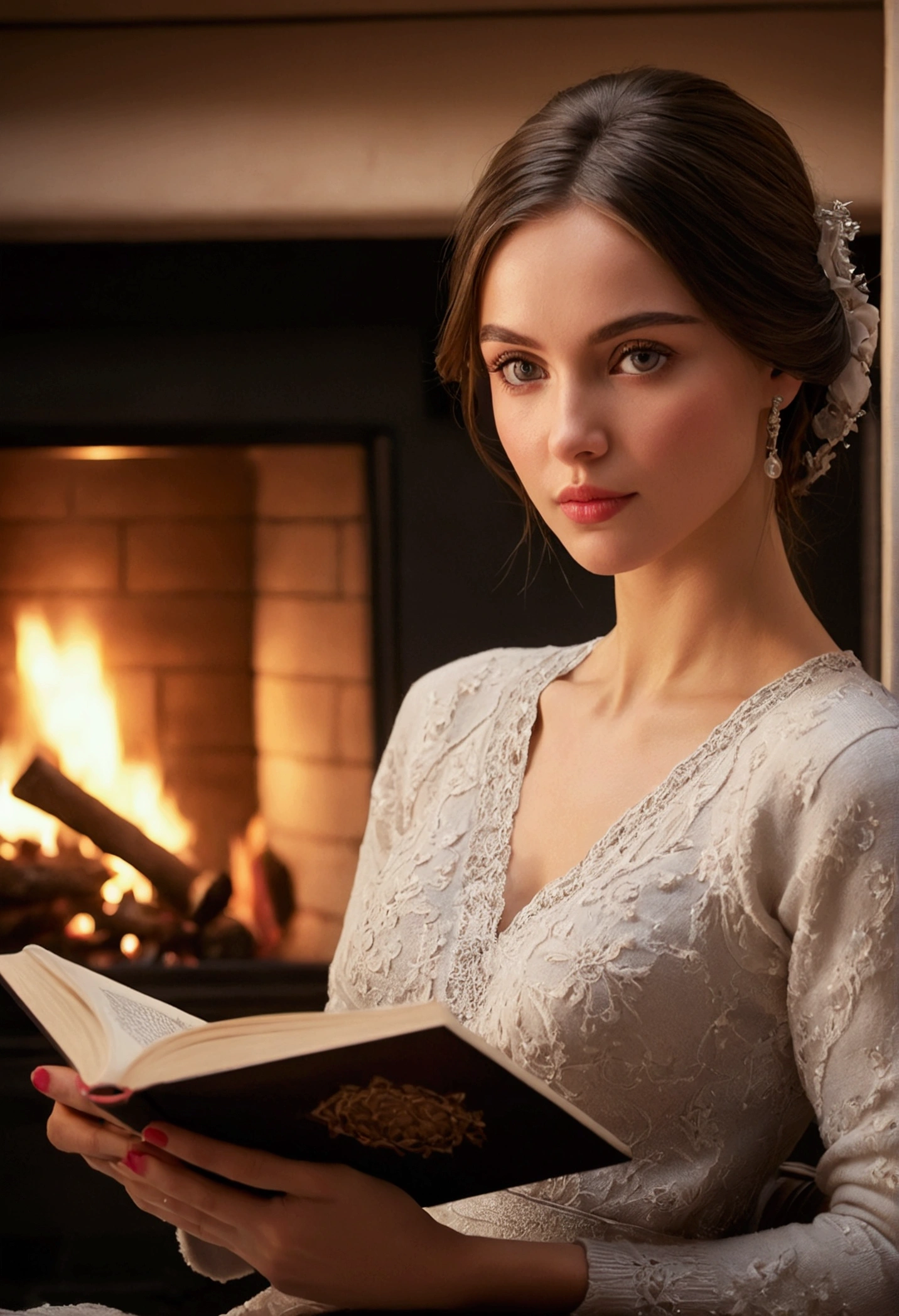 a woman sitting and reading a book next to a fireplace, beautiful detailed eyes, beautiful detailed lips, extremely detailed eyes and face, long eyelashes, cozy fireplace, warm lighting, comfortable interior, realistic, photorealistic, photo-realistic:1.37, best quality, 8k, highres, masterpiece:1.2, ultra-detailed, vivid colors, soft focus, cinematic lighting