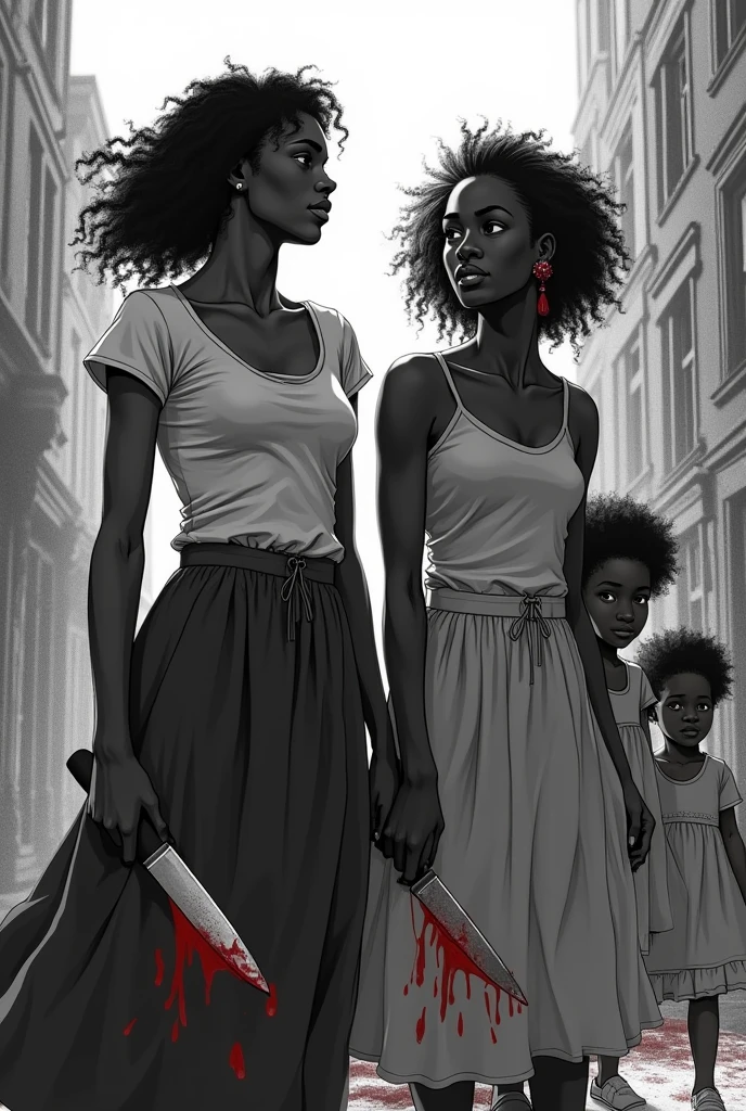 Two poor black women with their family and both with a knife and blood, in black and white like a book cover