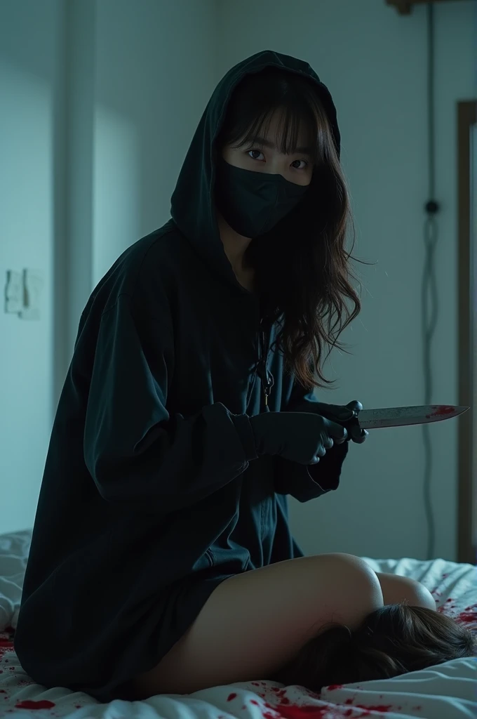 korean girl, (behind stiff, holding knife), black surgical mask, black gloves, crazy eyes, bed room, black raincoat, holding knife, hood up, 15 years old, black gloves, looking at viewer, behind cadaver, blood splatter, white room, night, mass murderer, killer, wavy hair, blood splatter, dark atmosphere, cinematic lighting, atmospheric realistic, close-up, tripod and camera in the back, shooting with camera