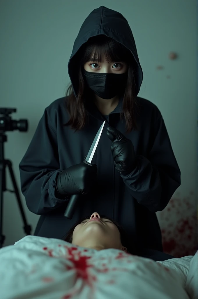 korean girl, (behind stiff, holding knife), black surgical mask, black gloves, crazy eyes, bed room, black raincoat, holding knife, hood up, 15 years old, black gloves, looking at viewer, behind cadaver, blood splatter, white room, night, mass murderer, killer, wavy hair, blood splatter, dark atmosphere, cinematic lighting, atmospheric realistic, close-up, tripod and camera in the back, shooting with camera