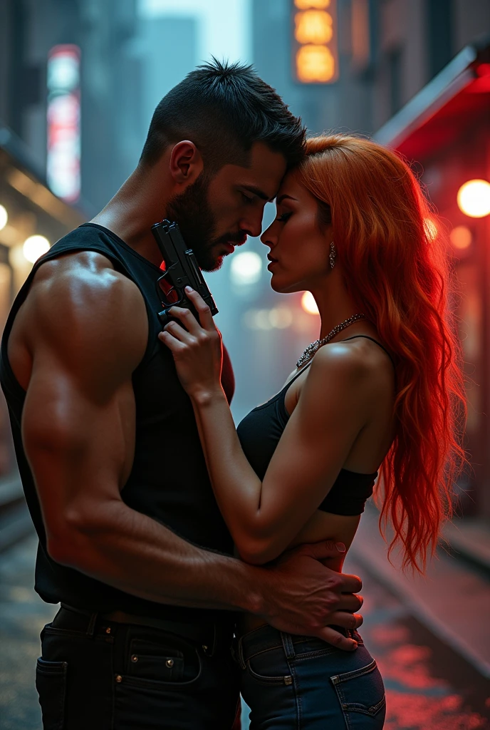 Couples a musluar man and a girl, they both are hugging eachother and girl holding gun in her hand. While that man is lifting her chin up with his gun.