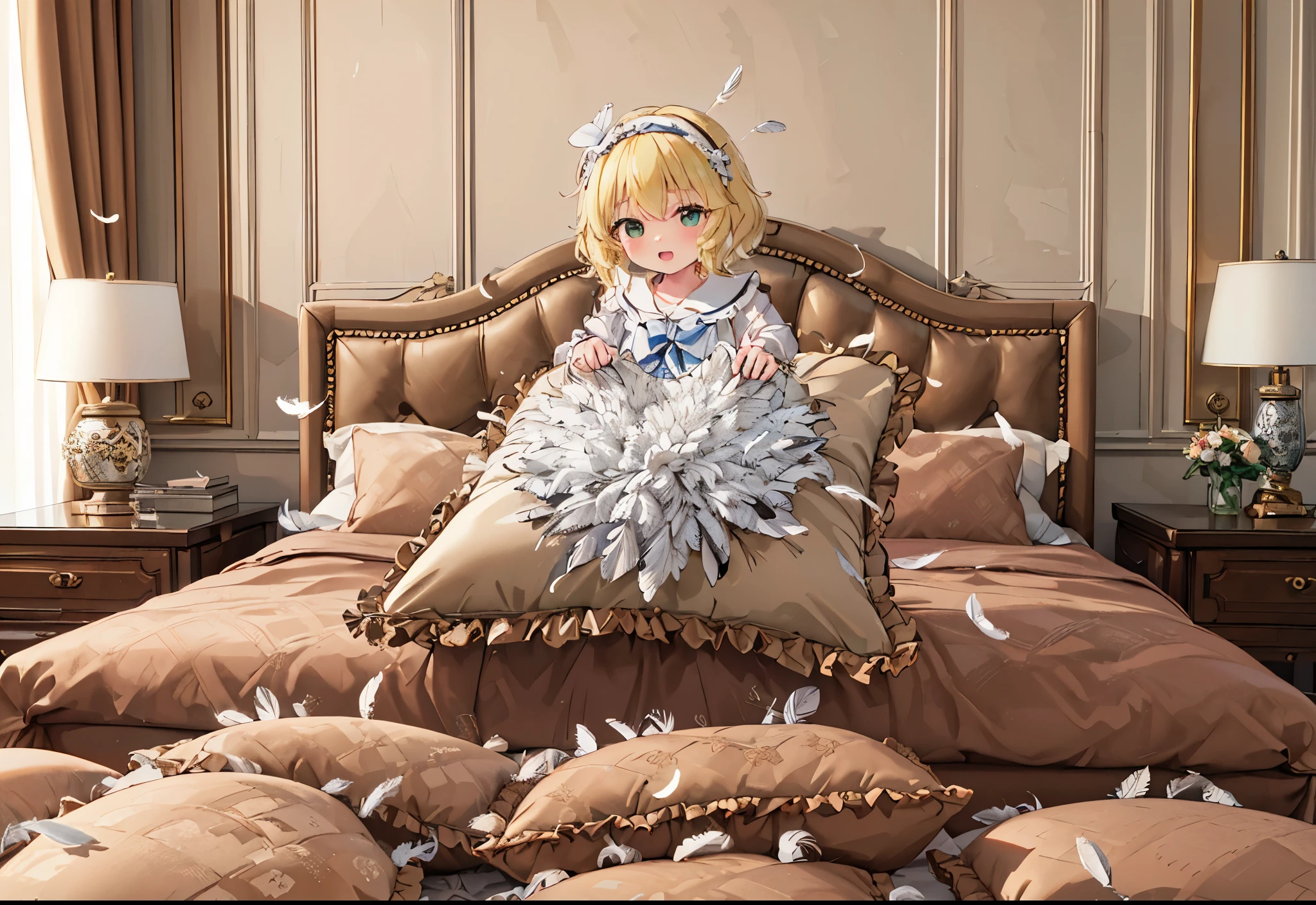 (best quality， masterpiece) , details, (Light and shadow oxtail) , Cute girl posing on pillow ，Pillow, Upholstered，Soft pillow，（Pillow），The love surrounding the protagonist，steam，(Luxury Pillow），（Gorgeous pattern pillow），luxurious pillow, standing,（Love around the protagonist），（pillow）, frilled pillow   , 1 pillow, standing on a top of pillow, on pillow, big pillow, fluffy pillow, pillow damage, stomping pillow, stomping, pillow on floor, stepping on pillow, posing on top pillow, full body, pillow on floor, (((feathers))), pillow destroy, ripping pillow, tearing pillow in half, feathers everywhere, cotton, stuffing pillow, sakurai_momoka_theidolmastercinderellagirlsu149, blonde_hair, hairband, short_hair, green_eyes, bangs, upper_body, smile, bow, open_mouth, wavy_hair