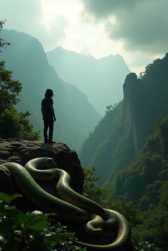 Northern Javanes mountains, big snake and siluet black shoulder-length haired man from a far