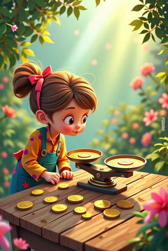 drawn in drawing form, one is in front of a small table on which there is a scale with two plates and twelve coins tered around