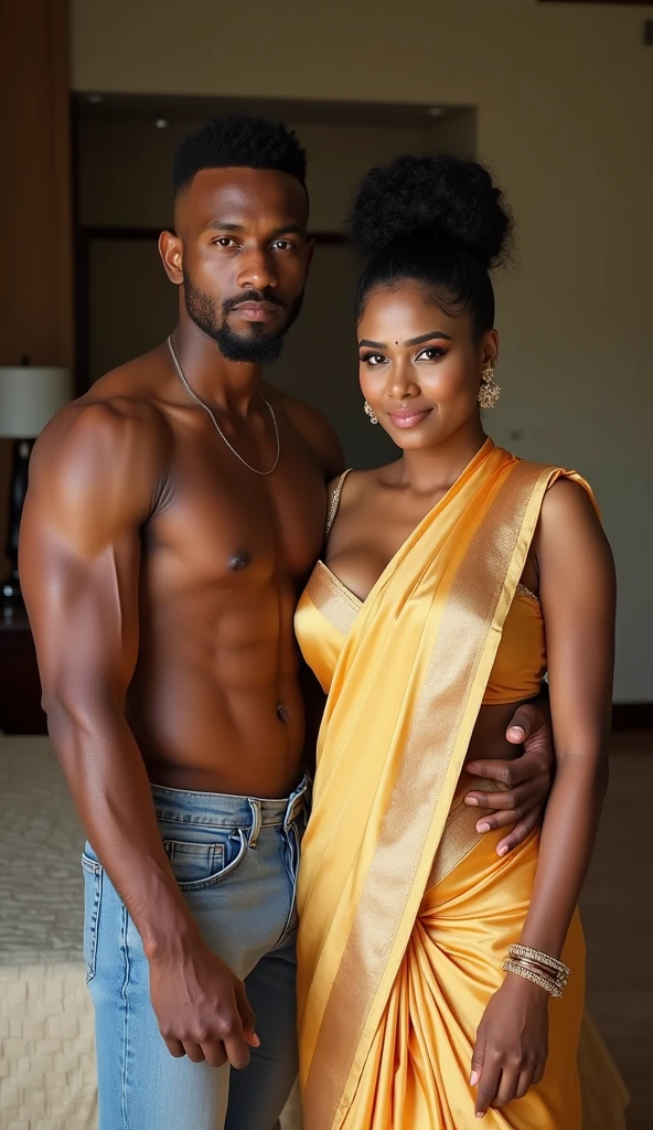 Newly wed indian couple, hot curvy south indian thick milf with black twisted bun hairstyle, big breast, big hip, big ass, thick thighs, woman wearing silky saree, indian couple, very short indian brown man with buzz cut, very big muscular body and beard, man wearing shorts, woman with man, couple in a big bedroom, high resolution, looking at camera, tall woman and short man, close-up potrait, Closed Mouth, man pulling woman hair, serious face
