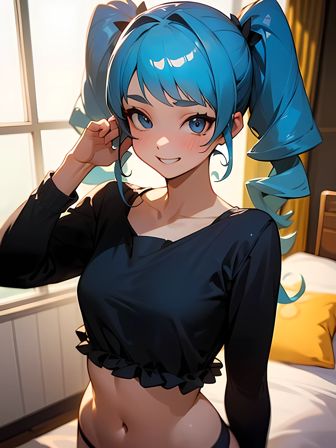 solo,upperbody,blue curly twintail,Embarrassed smile、Daughter of a European millionaire、(Senior sexy cute underwear),secret、England、Bedroom、snap shot、Looking at this++、(Model Pose),