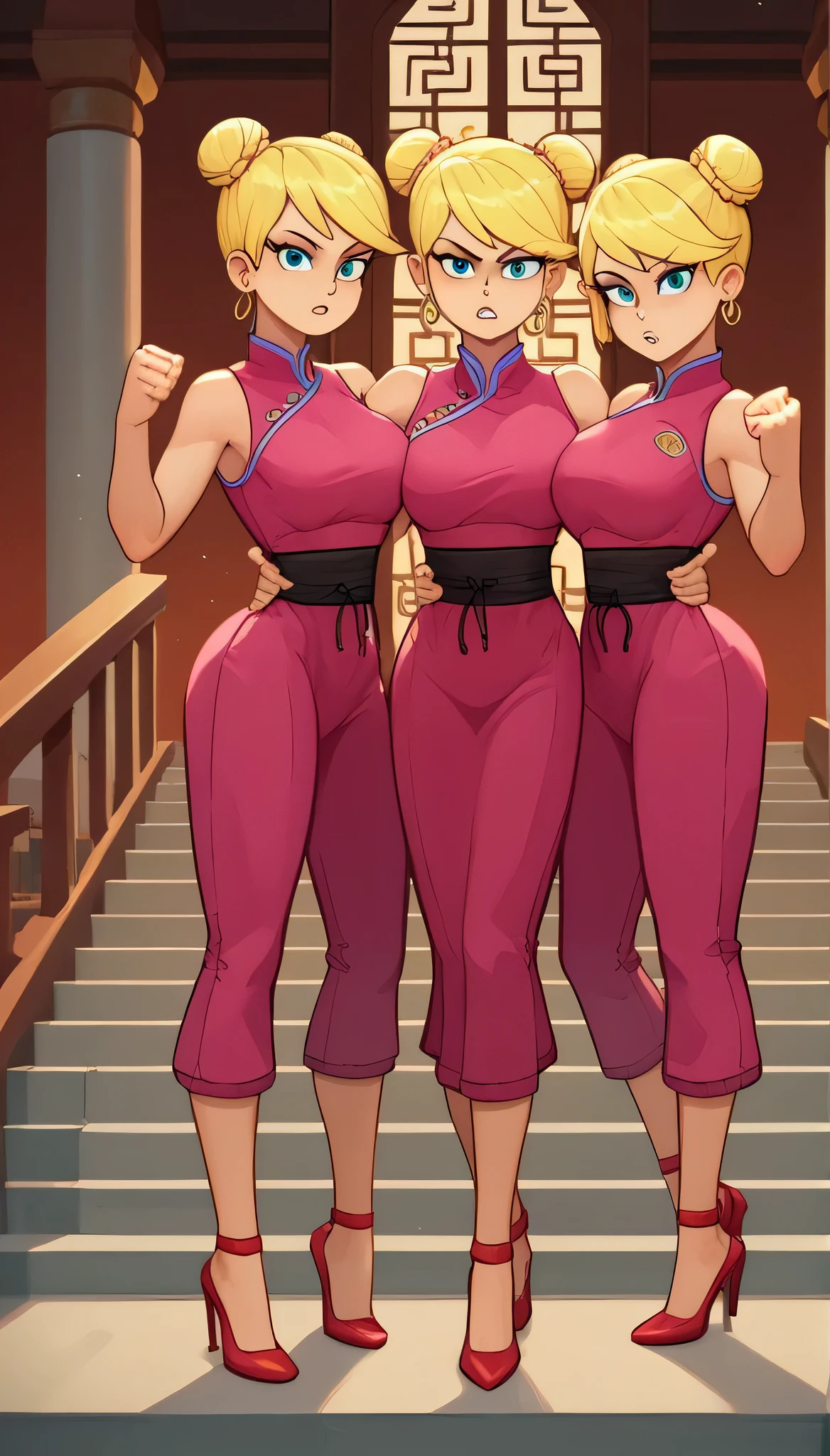 lola loud, 3girls, trio, 24yo girl, large breasts, pink cheongsam, inside of a chinese temple, looking at viewer, blonde hair, two hair buns , hands score_9, score_8_up, score_7_up, high heels, teep fighting stance,martial arts, stairs behind her, guarding the stairs, they wear the same outfit, they are twins