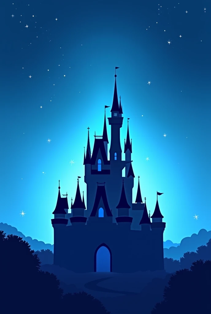 Make a book cover with the silhouette of a Disney-style castle with a blue color palette 