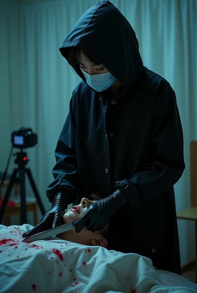 korean girl, (behind stiff, holding knife), surgical mask, black leather gloves, room, black raincoat, hood up, holding knife, leather gloves, woman on top, behind cadaver, blood splatter, bed room, night, mass murderer, killer, short hair, blood splatter, dark atmosphere, cinematic lighting, atmospheric realistic, neon lighting, close-up, tripod and camera in the back, shooting with camera