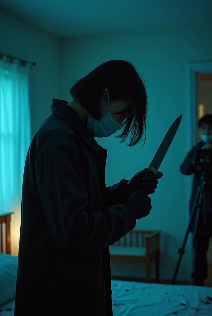 korean girl, (behind stiff, holding knife), surgical mask, black leather gloves, room, black raincoat, hood up, holding knife, leather gloves, woman on top, behind cadaver, blood splatter, bed room, night, mass murderer, killer, short hair, blood splatter, dark atmosphere, cinematic lighting, atmospheric realistic, neon lighting, close-up, tripod and camera in the back, shooting with camera