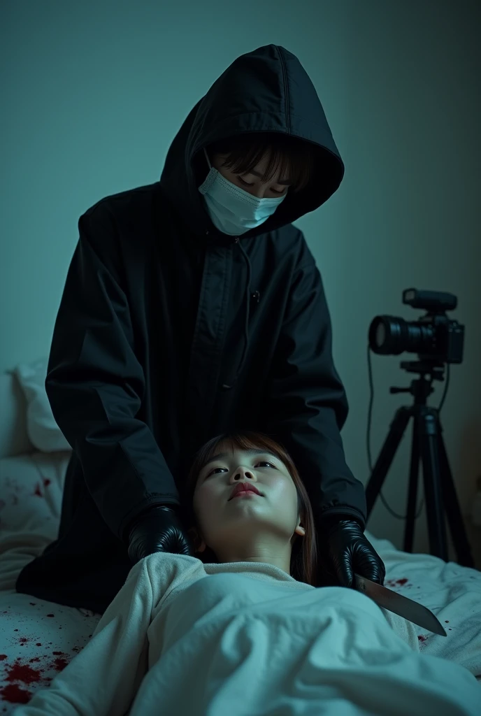 korean girl, (behind stiff, holding knife), surgical mask, black leather gloves, room, black raincoat, hood up, holding knife, leather gloves, woman on top, behind cadaver, blood splatter, bed room, night, mass murderer, killer, short hair, blood splatter, dark atmosphere, cinematic lighting, atmospheric realistic, neon lighting, close-up, tripod and camera in the back, shooting with camera