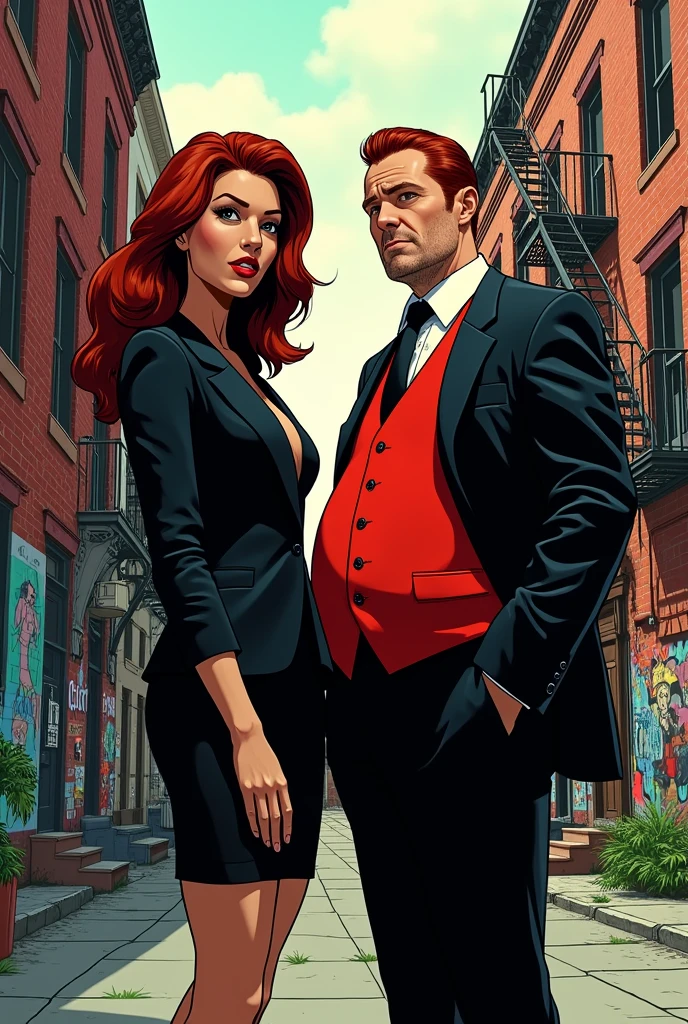 Miranda from the book The Tenement, Comics version, a man wearing a suit, red hair slicked back, Um homem de meia idade, with a big belly, your suit is black, but the vest inside is red.