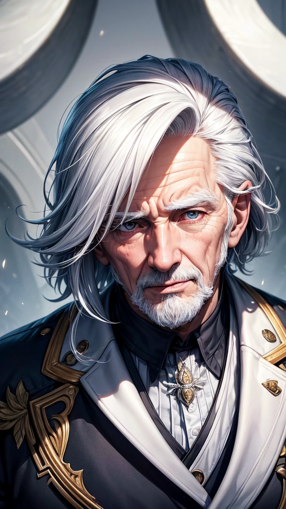 masterpiece, best quality, high resolution, closeup portrait, a male, white hair, white coat, amazing composition, front view, HDR, ultra quality, elegant, highly detailed, old man, handsome grandpa