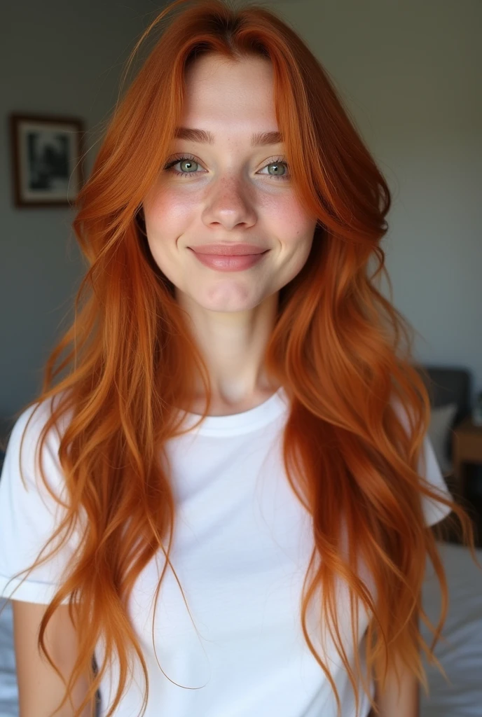 A 22-year-old Brazilian woman, long red hair, round face, light eyes, perfectly proportioned body, facial expressions that convey friendliness and confidence, posing for the photo, Wearing a white t-shirt, inside his room, with a gray wall in the background, Photograph taken with the iPhone camera in a naturally lit environment, high resolution image but maintaining a touch of reality without exaggerated filters.
