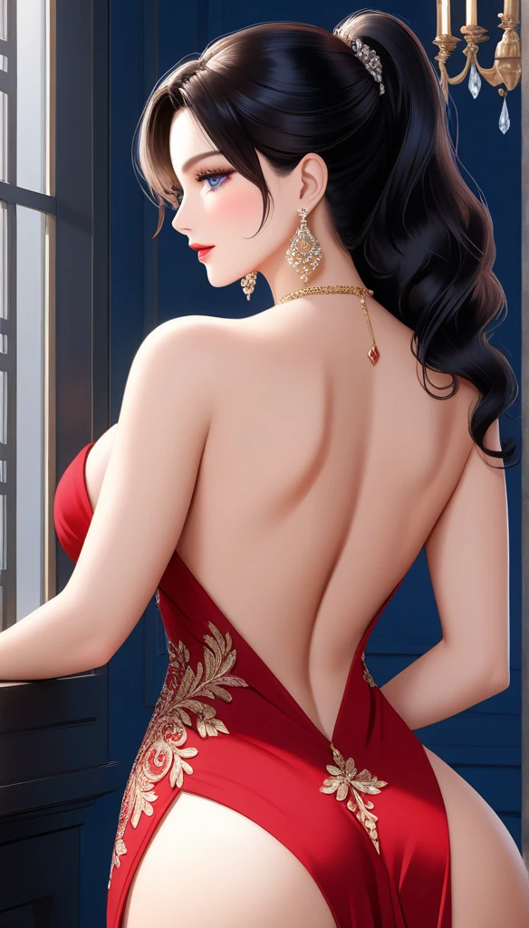 (best quality, highres, photorealistic), elegant mature woman showing her muscular back, blue eyes,wavy hair, black hair, neck plunging red dress with intricate patterns,huge saggy breasts, ultra detailed cg 8k, beautiful cg, soft light, long jhumka earrings, cleavage, makeup,dark pink lipstick, delicate necklace, Royal gloves ,makeup, beautiful eyelid, eyeshadow,eyeliner,navel,bare legs ,huge ass, backless , muscular back,bare back,curvy back,