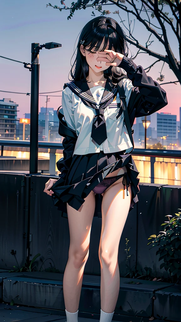 (8k, RAW Photos, 最high quality, masterpiece:1.2), high qualityのRAWカラー写真, Professional photo shoot, Cinematic Light, night、Late night、alone, (((young woman, Gal))), (Sharp features), (Small face), (Skin with attention to detail:1.2), clavicle, Cute Face, Beautiful appearance, Long eyelashes,Girl Turning Around, smile, (Black Hair, Long straight line), high school student, Red tie, High School Uniform:1.2, Black jacket, Open jacket, Jacket cuff buttons, White shirt, Check skirt, night Park, Birds chirping, Embarrassing, sad, Artistic painting,Attractive thighs, loose socks:1.2, sneakers:1.2, (A very fine touch:1.2), (Watery eye), sad雰囲気, Oil painting style, Dark colors, (Are standing:1.5, lean on a tree, Full body portrait), Smooth texture, Gazing Eyes, Beautiful Skin, Glowing Skin, ((Perfect Fingers, Five Fingers, Anatomically correct)), Background Blur, high quality, Surreal, ((Very detailed, photo shoot)),(Cover your eyes with your right hand、Grab the skirt with your left hand),,(((Skirt flip、Sexy panties)))、blush、(Many passersby)、Embarrassing、They hesitate、Looking down、orgasm、avert your eyes、Full Body Shot、((Hide your face with one hand))
