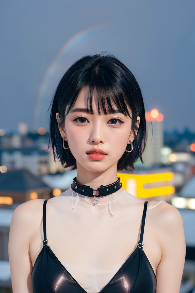 ((Rooftop of a building: 1,3)), ((Goth_punk, alone, Medium Shot, Walking the rooftops of Harajuku, ((night)), Blurry, Neon Light, Rainbow Eyes, Starry Sky, Shiny black hair, White eyebrows, Shiny Hair, (Rainbow black hair), Earring, good, jewelry, Blunt bangs, Busy eyes, Background Blurry, Blurry, hair ornaments, sight, short hair, Portraiture, Side Lock break ((Swedish girl, White skin, White)),((Women's work suits:1.3)), break (Gal: 1. 1),(Glamour: 1. 3),(night),(Supermodel: 1.3)),break ((earring, ring)), Cowboy Shot,((Tall people)),((Android)),((Look Up)),((Top Angle:1. 3)), From above, looking at the camera,((Event Companion)),((Thin see -through)) Tight-fitting underwear with straps))、Hip、Butt、bend、