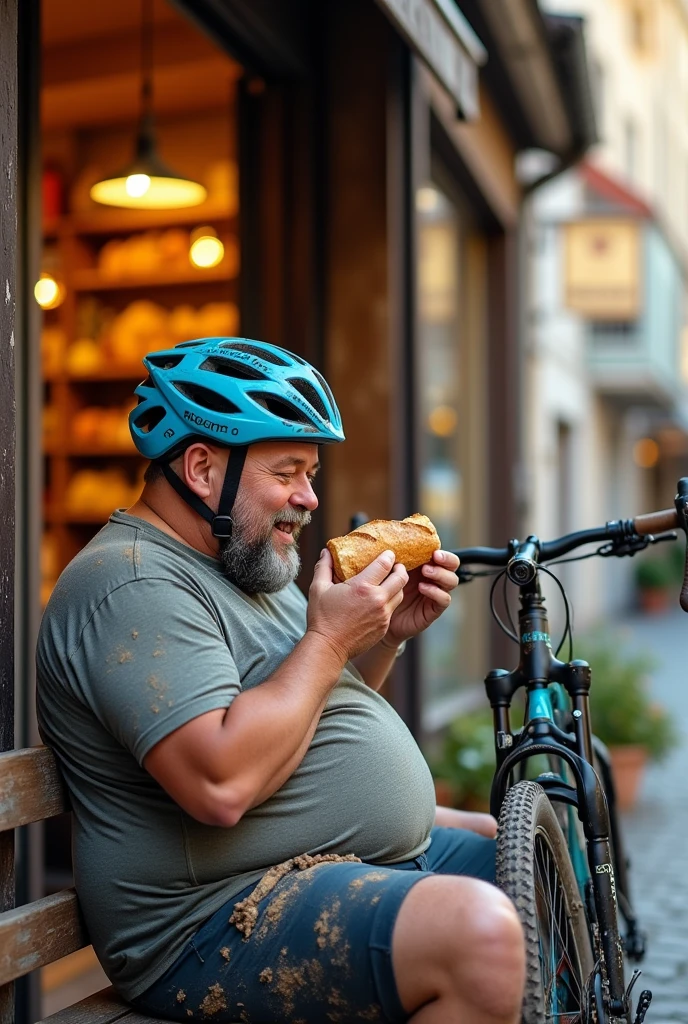 Fat cyclist with helmet and dirt-stained cycling clothes sitting in front of bakery, eating a French bread while looking at his mountain bike all covered in dirt