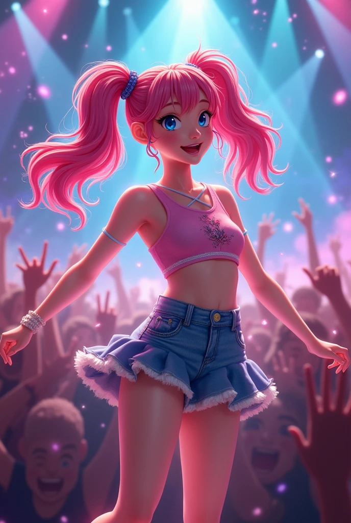 Highest quality、High resolution、Detailed Background、(Beautiful face in every detail:1.4)、Normal number of fingers、Highly detailed face、Detailed eyes、Teenage beauty、Perfect body line、(Huge breasts:1.2)、Brightly colored hair、ponytail、Twin tails、Bobcut、A big smile、Vibrant、cute衣装を着てステージで踊るアイドルの、No sleeve、Show your side、Panty Shot、cute